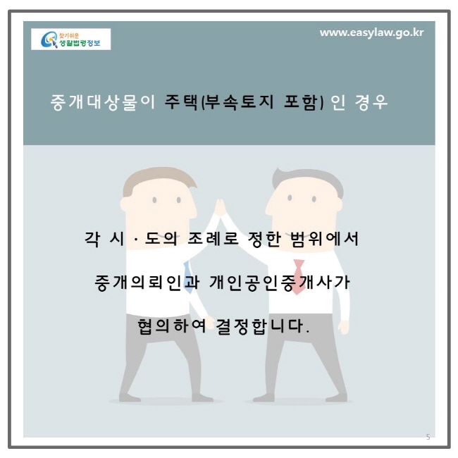 중개대상물이 주택(부속토지 포함)인 경우 각 시,도의 조례로 정한 범위에서 중개의뢰인과 개업공인중개사가 협의하여 결정합니다.